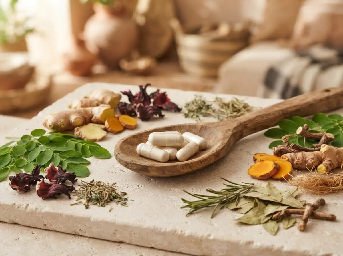 African herbal wellness ingredients arranged on a wooden surface