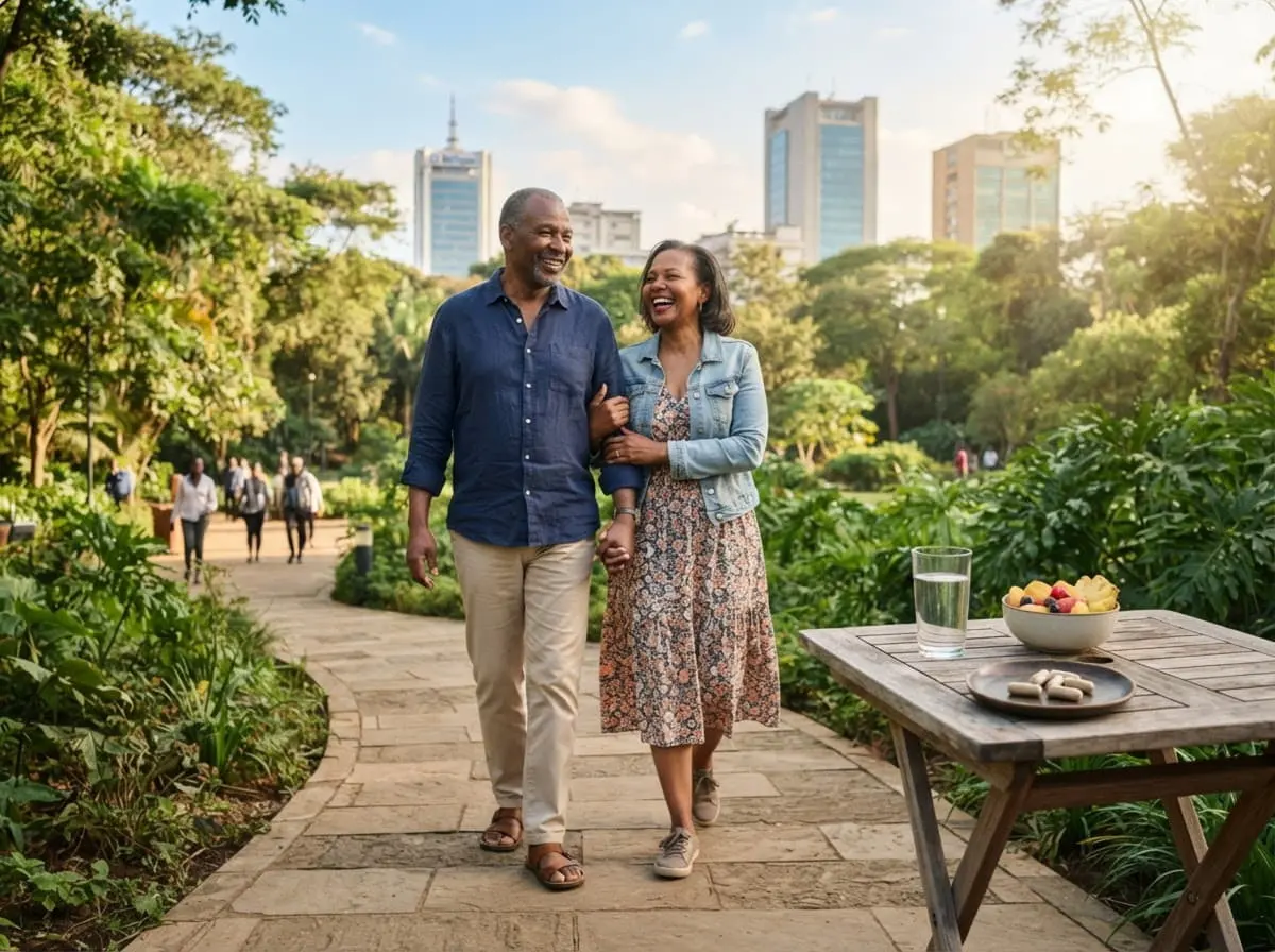 African couple walking in a park
