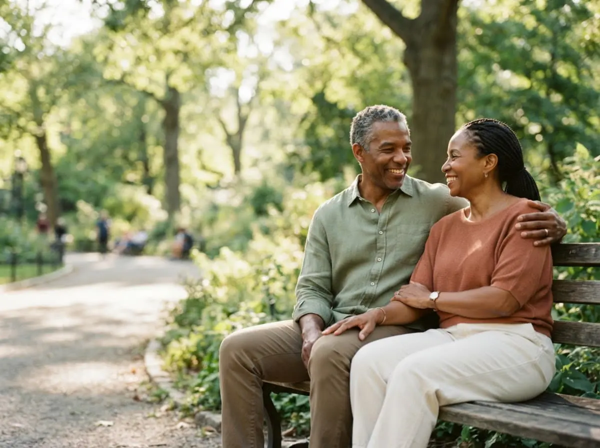 BioMedic Africa : couple de la cinquantaine assis dans un parc, guides santé en français