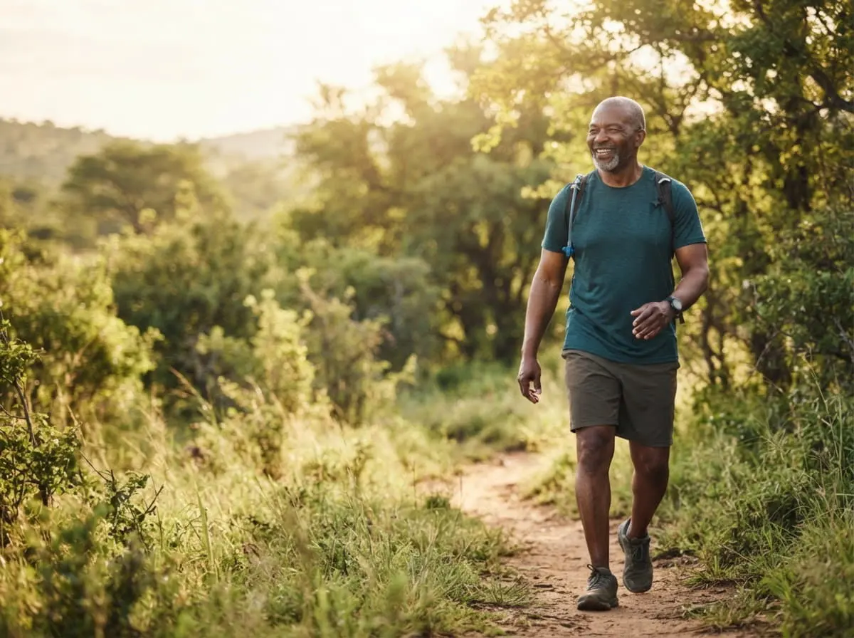BioMedic Africa : homme de soixante ans qui marche sur un sentier boisé, activité douce pour le cœur