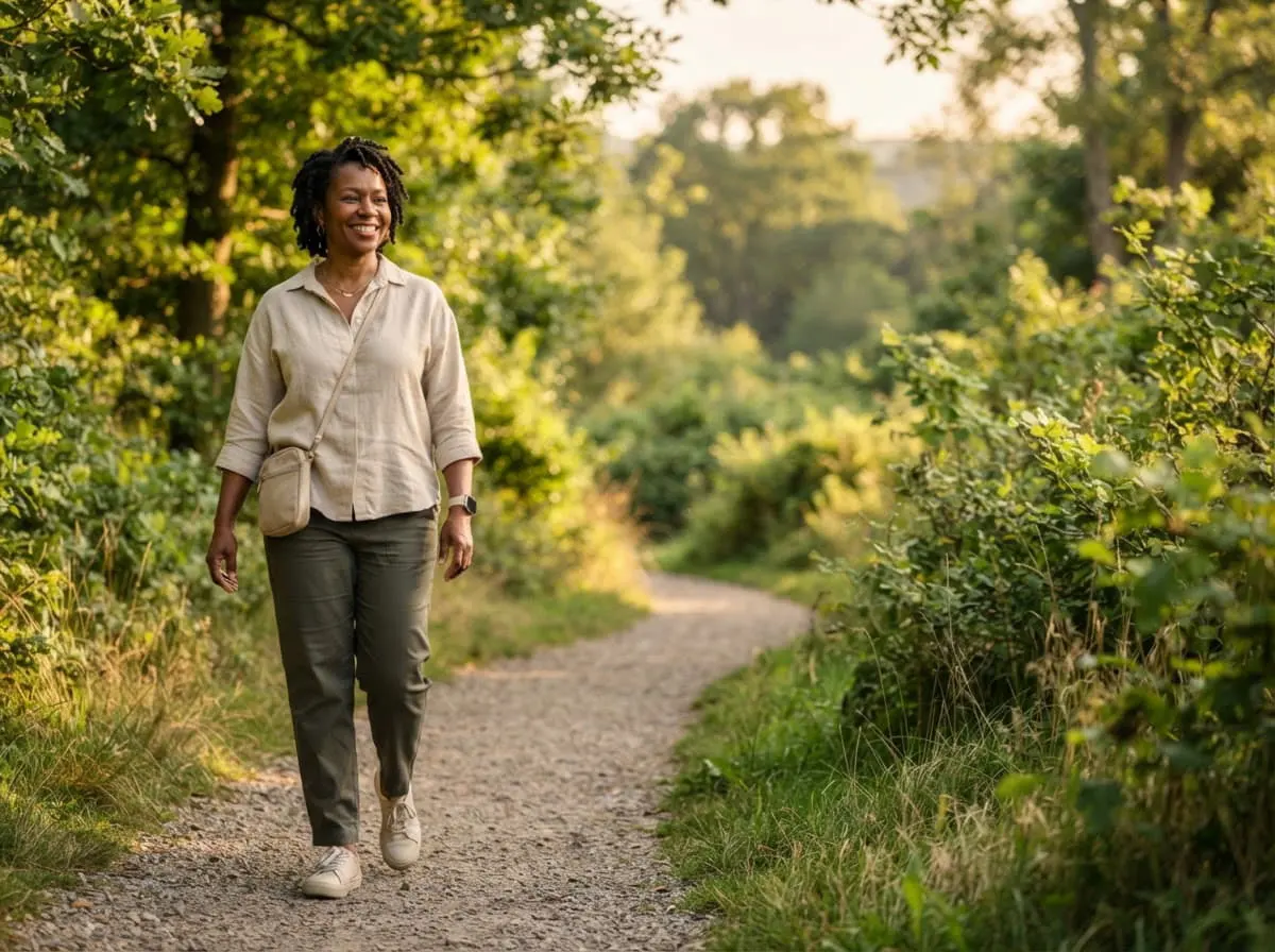 BioMedic Africa : femme de la cinquantaine qui marche dans une forêt, une activité régulière au quotidien