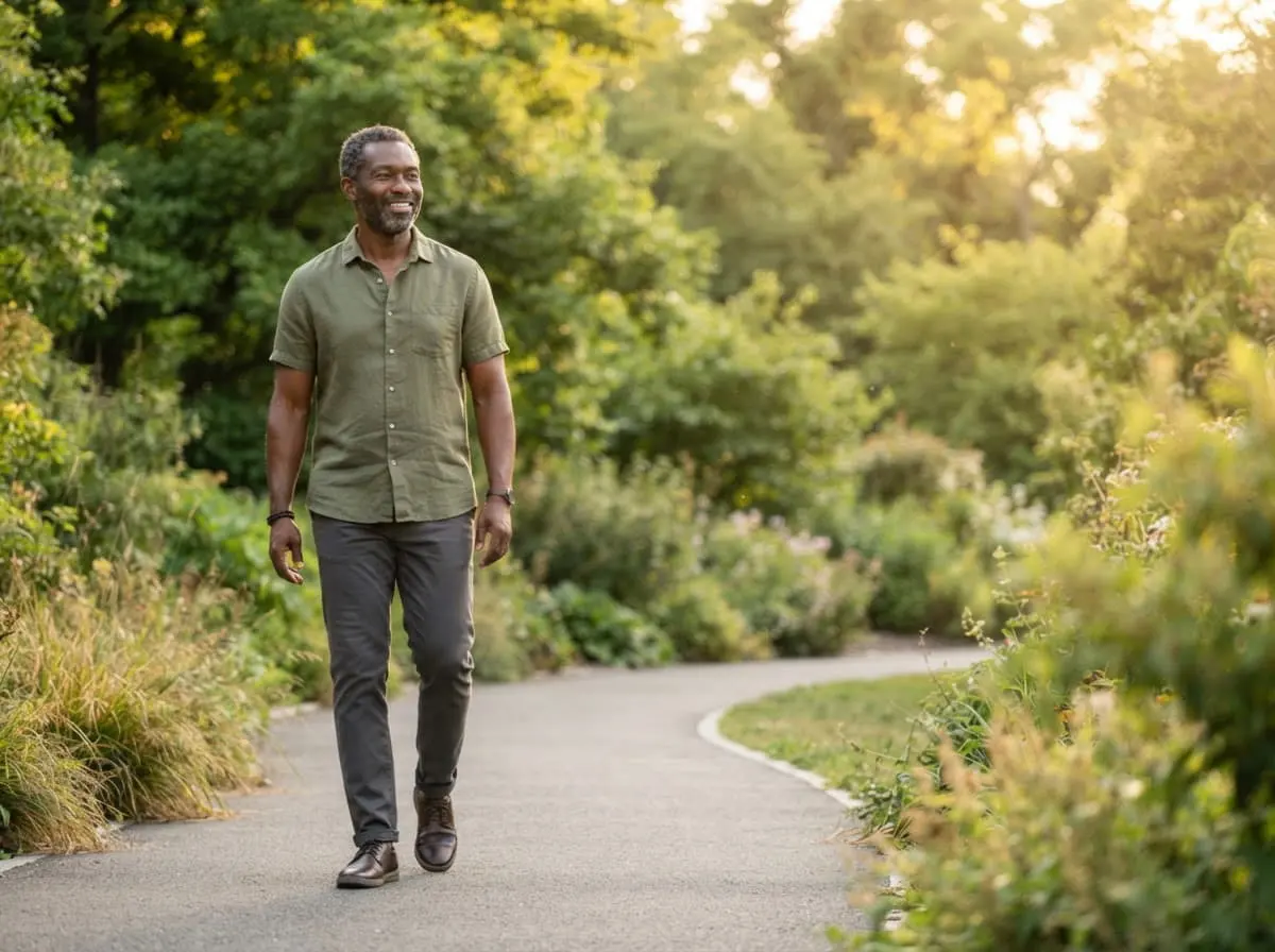 BioMedic Africa : homme de cinquante ans qui marche sur un sentier, une activité régulière pour la santé masculine
