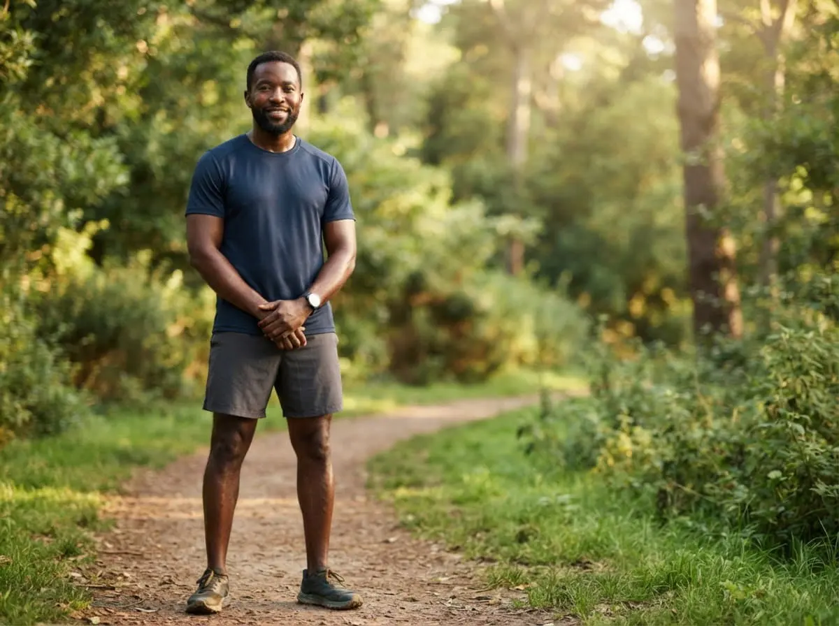 BioMedic Africa : homme qui marche sur un sentier forestier, énergie et vitalité au quotidien