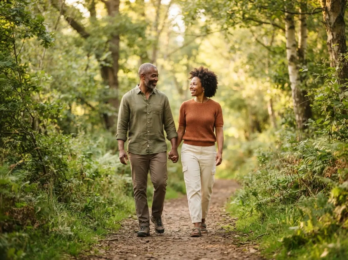 BioMedic Africa : couple de quarante ans qui marche main dans la main sur un sentier, complicité et bien-être