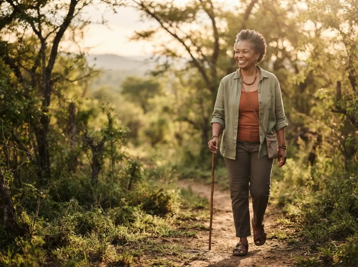BioMedic Africa : femme de soixante ans qui marche d’un bon pas dans la forêt, mobilité au quotidien