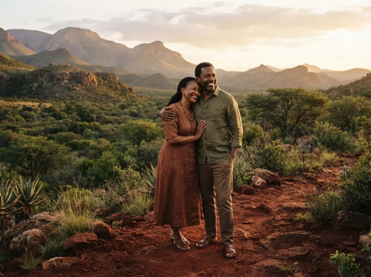 BioMedic Africa : couple enlacé devant un paysage de terre rouge, un moment de calme