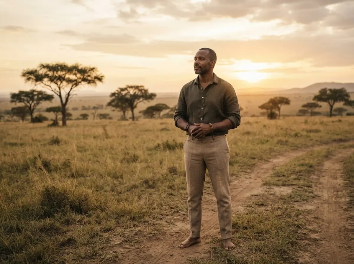BioMedic Africa : homme debout dans la savane africaine, confiance et sérénité