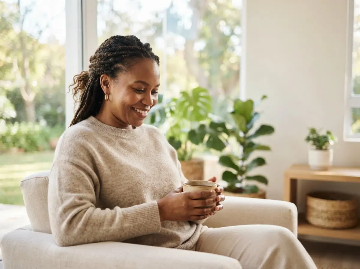 BioMedic Africa : femme de quarante ans qui se détend chez elle avec une boisson chaude