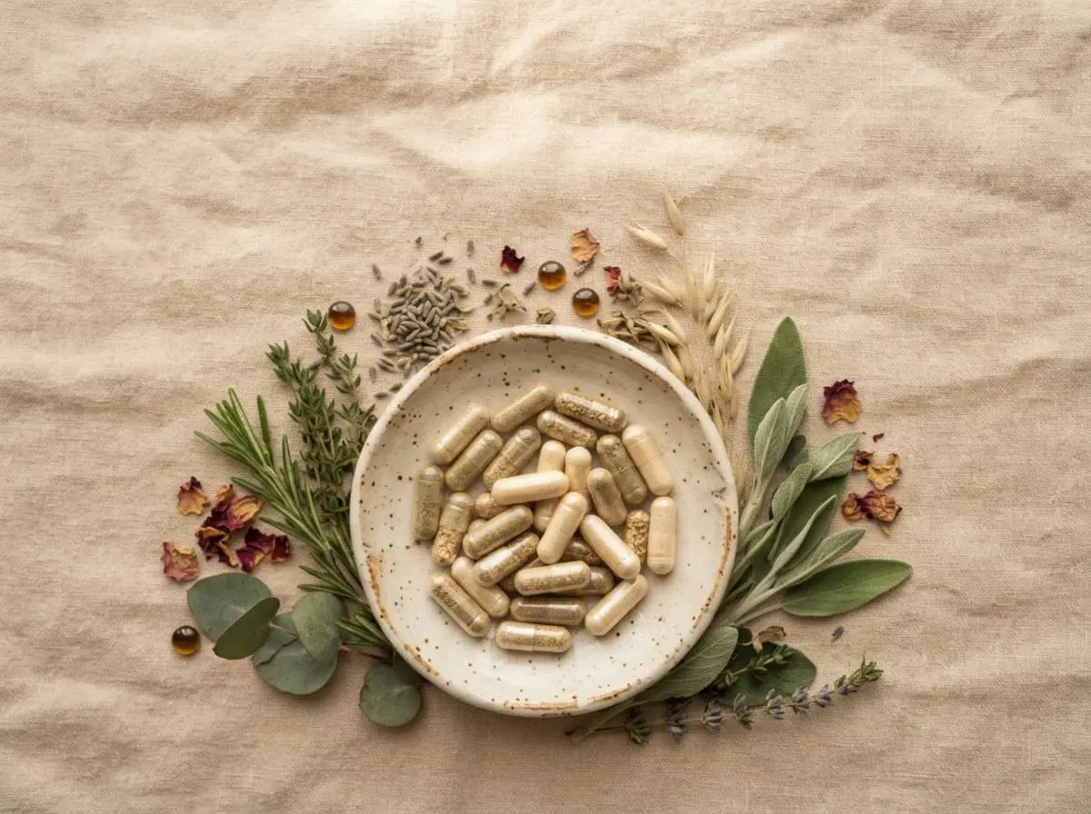 BioMedic Africa : herbes et gélules sur un tissu clair, compléments alimentaires d’origine végétale