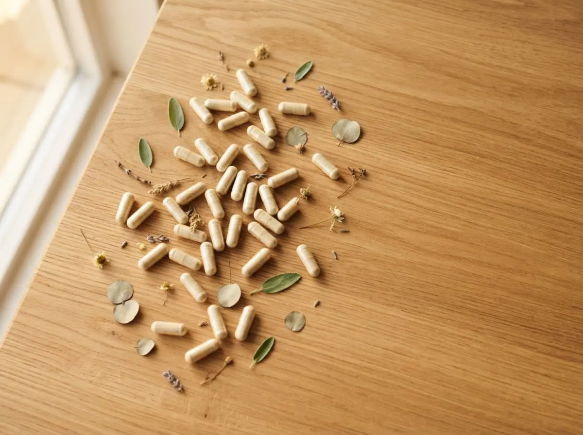 BioMedic Africa : gélules sur une table en bois, compléments alimentaires