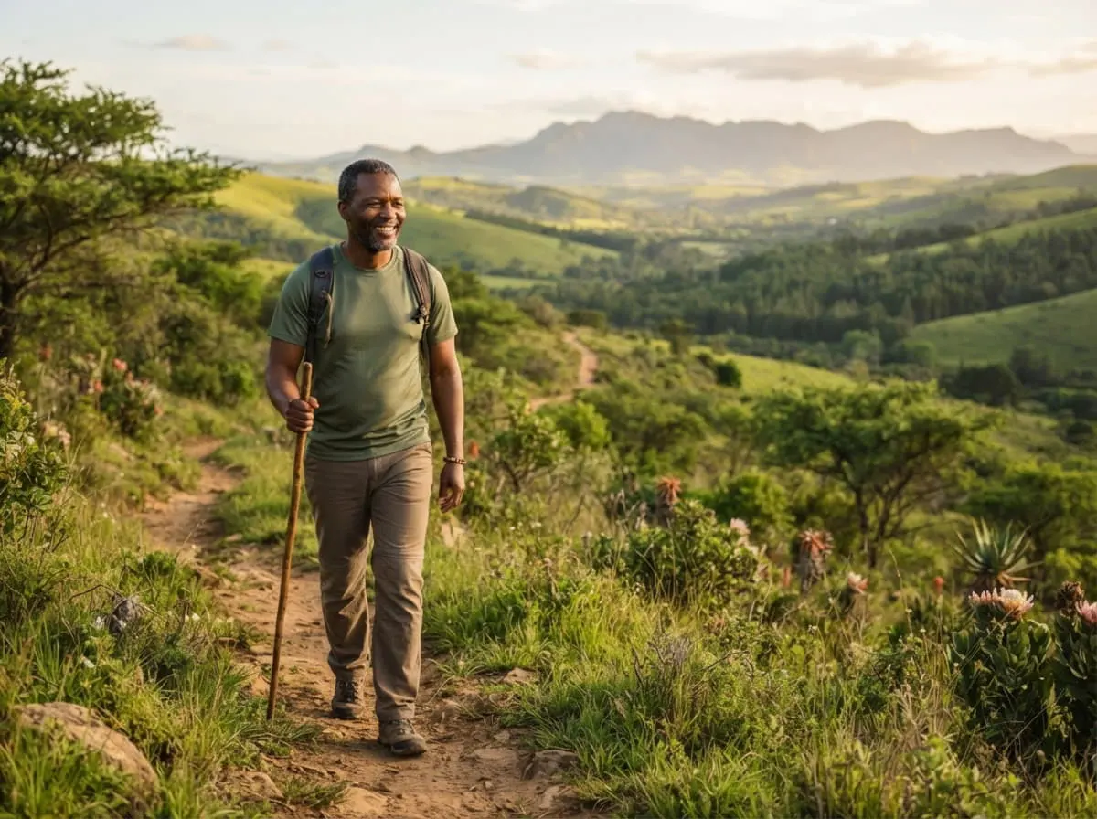 BioMedic Africa : randonneur africain sur une colline verte, vitalité et plein air