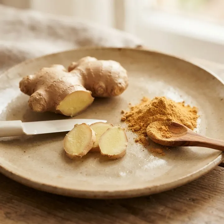 Fresh ginger root on a wooden surface