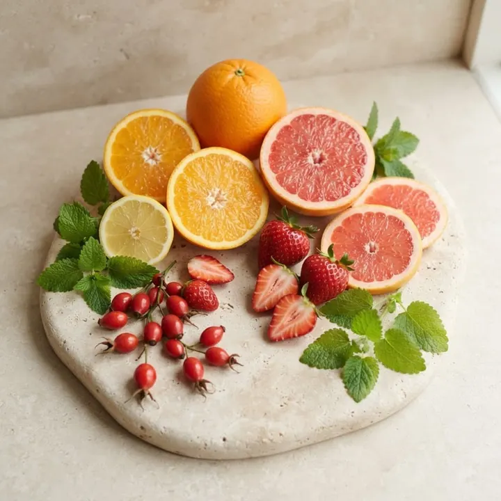 Vitamin C tablets and citrus fruit