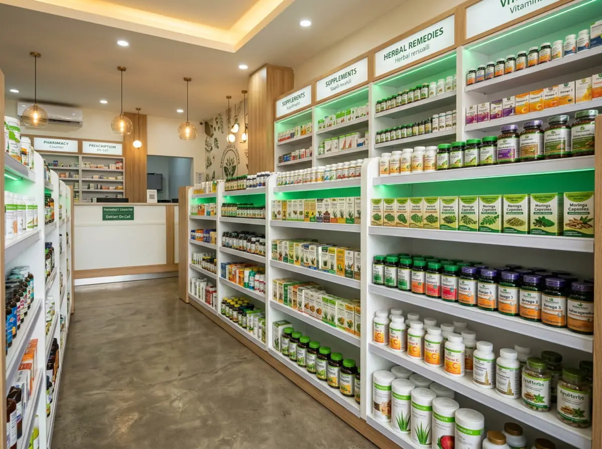 Clean pharmacy shelves stocked with supplement products