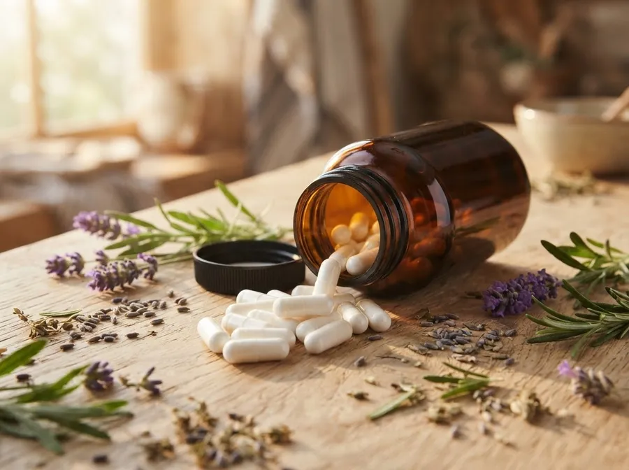 Open supplement bottle with capsules