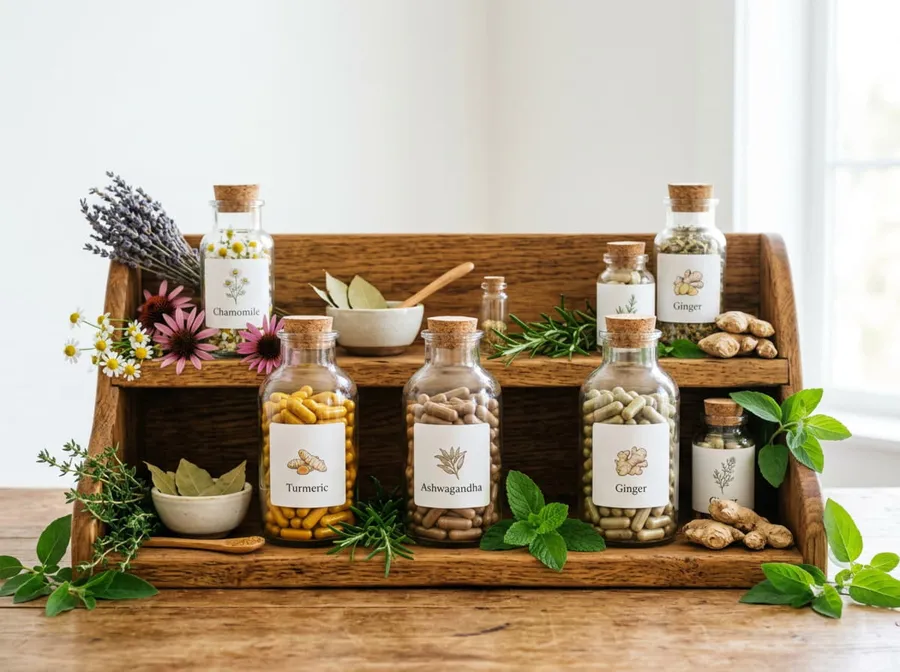 Herbal supplement products displayed on a wooden surface