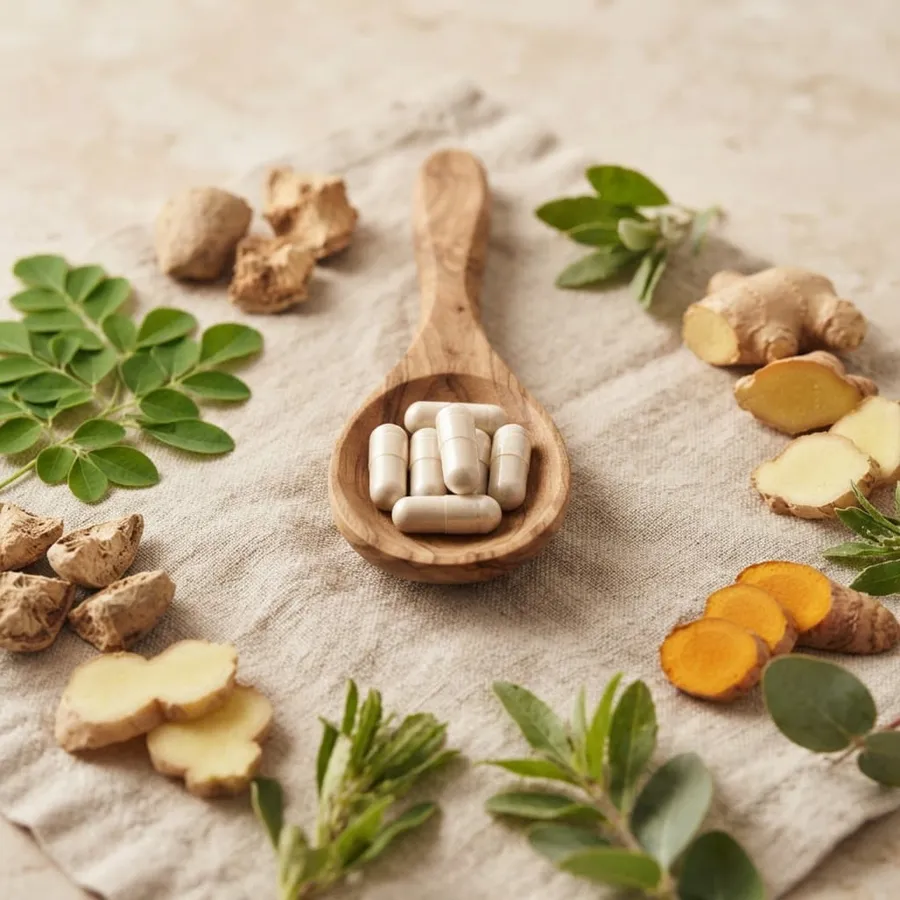 Natural supplement capsules, illustrative