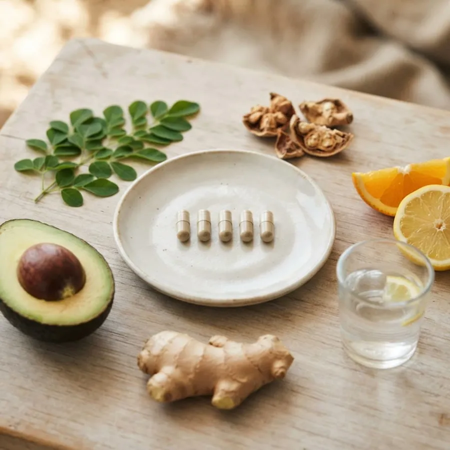 Herbal capsules with botanical ingredients, illustrative