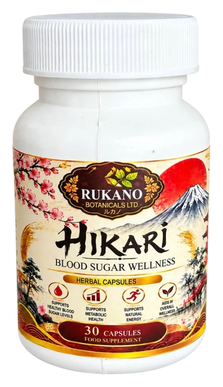 Hikari Blood Sugar Wellness herbal capsules, jar of 30