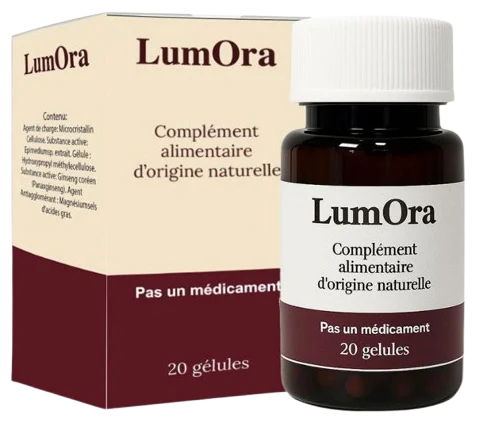 LumOra, complément alimentaire d’origine naturelle, boîte et flacon de 20 gélules