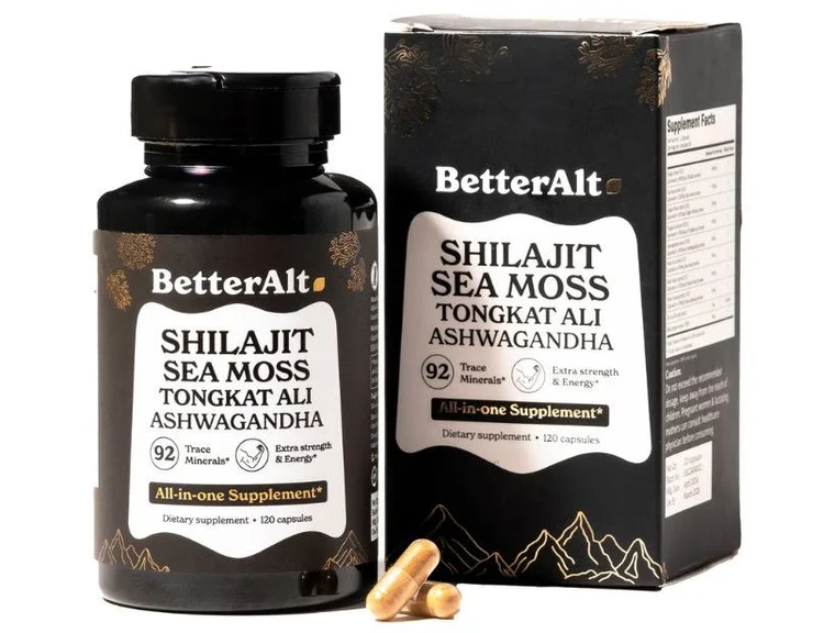 Shilajit BetterAlt, gélules shilajit, mousse de mer, tongkat ali et ashwagandha, flacon de 120 gélules